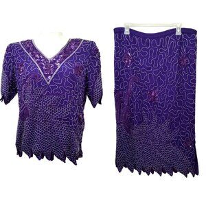 Laurence Kazar M 2 Pc Top Skirt Beaded Sequins Silk Formal Purple Glam